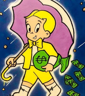 YELLOW RICHIE - UMBRELLA RAIN MONEY - 100 x 76 cm - Technique mixte sur toile