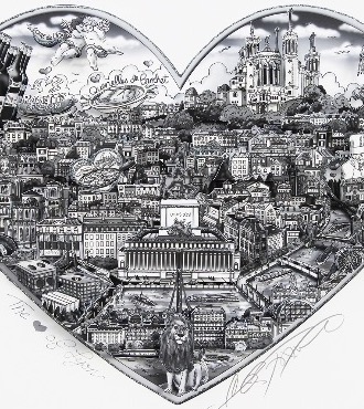 The heart of Lyon - B&W - 42 x 37 cm - Sérigraphie 3D