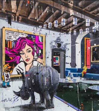 Do you like me Rhino ? - 50 x 70 cm - Peinture à l'huile, acrylique et encre