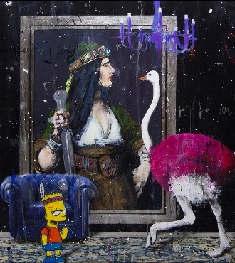 Bored Bart - 100 x 100 cm - Peinture à l'huile, acrylique et encre