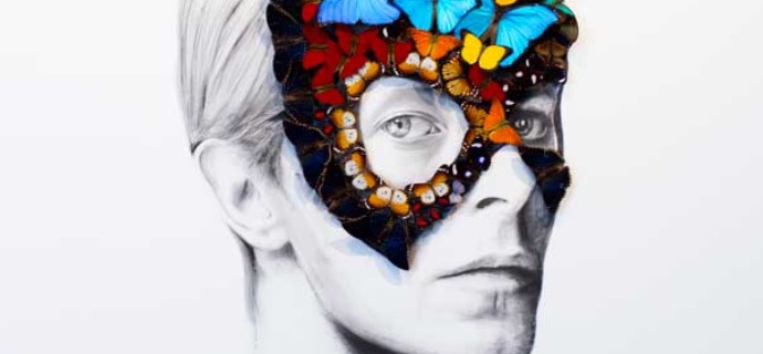 David Bowie - Acrylique sur papier et papillons naturalisés - 139 x 120 x 10 cm